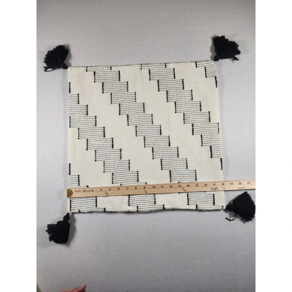 Boho Textured Tassel Pillow Cover Set 3pc Cream‎ Black Geometric Tufted NWOT